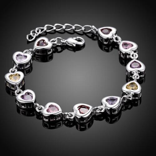 Best Quality Colorful Cz Heart Design Link Bracelets Jewelry 925 Sterling Silver Bangles For Valentines Gifts