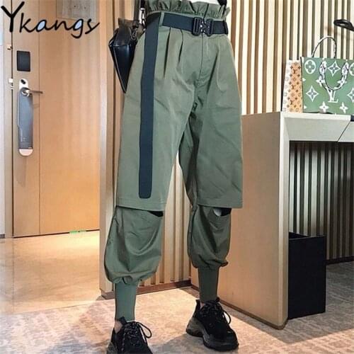 Withbelt Cargo Pants Women High Waist Casual Streetwear Elastic Waist Pocket Sashes Hole Trousers Joggers Women Harajuku Hip Hop