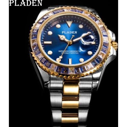 PLADEN Mens Watches Business Gold Silver Waterproof Blue Lab Diamond Relojes Stainless Steel Automatic Date Relogio Masculino