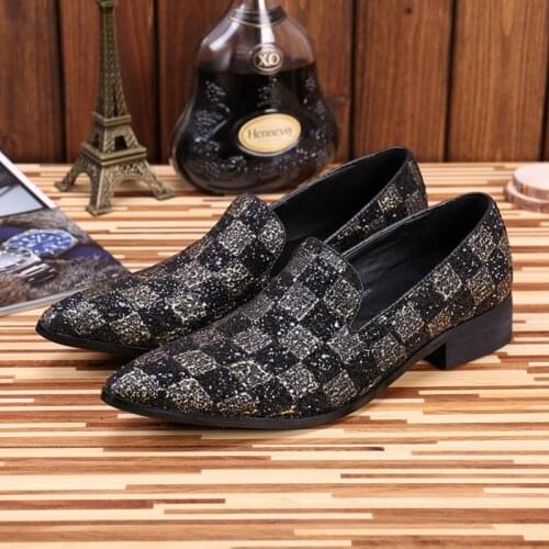 Christia Bella Italian Style Real Leather Men Pointed Toe Shoes Fashion Sequine Lattice Male Slip on Shoes Mens Party Shoes