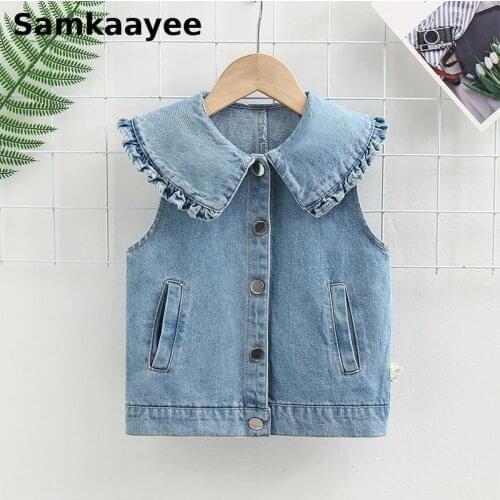3-9y Children Vest Spring Autumn Kids Denim Waistcoats Baby Outerwear Boys Girls Jeans Jackets Clothing Peter Pan Collar Tops 45