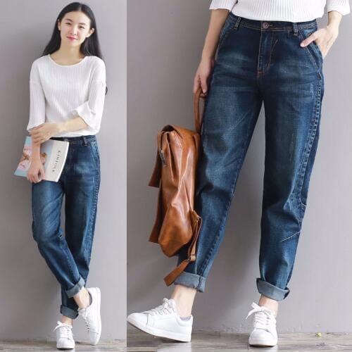 Women Big Size Loose Elastic Demin Harem Pants Spring Autumn Boyfriend Casual Vintage High Waist Long Baggy Jeans Pencil Trouser