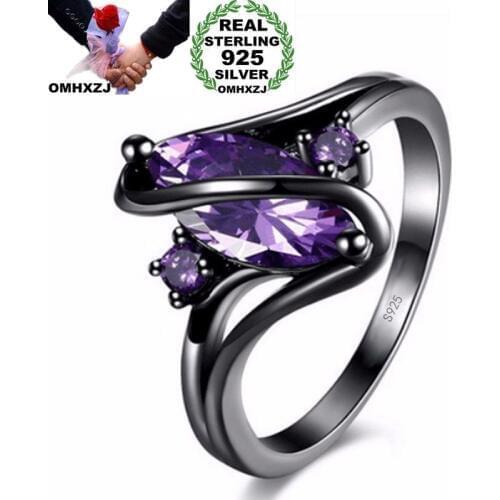 OMHXZJ Wholesale Personality Fashion OL Woman Girl Party Wedding Gift Black Purple AAA Zircon S925 Sterling Silver Ring RN205