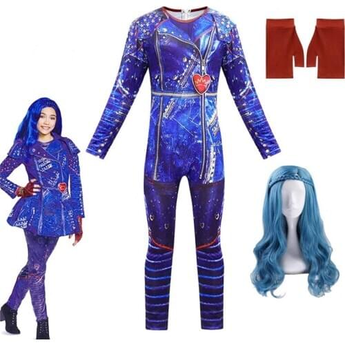 Halloween Costumes for Kids Descendants 3 Mal Audrey Evie Cosplay Bodysuit Girls Zentai Jumpsuits Carnival Party Clothes + Wig