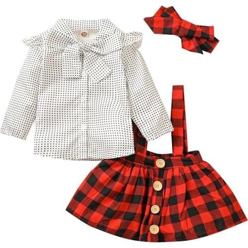 0-24M Cute Newborn Baby Girl Long Sleeve Dot Bow Shirt Tops Plaid Suspender Skirt 2PCS Spring Autumn Princess Girls Clothing Set