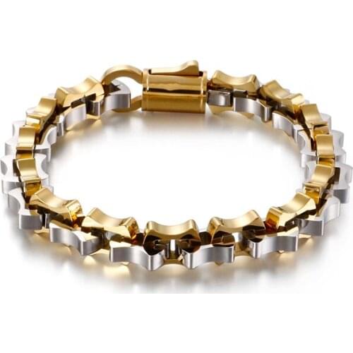 Men Body Jewelry 225mm Stainless Steel Contrast Gold Color Geometry Link Chain Heavy Hip Hop Bracelet
