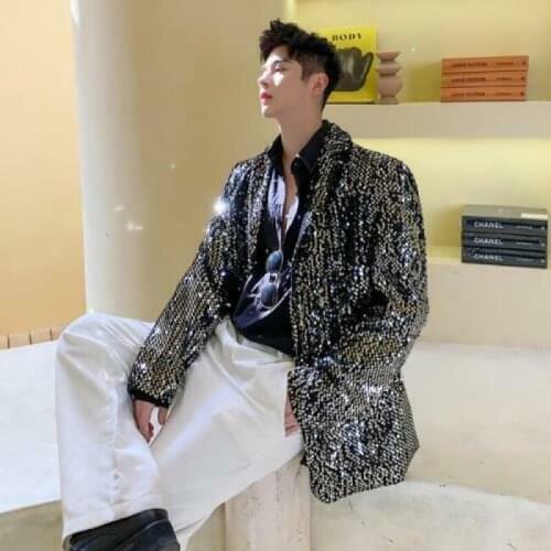 Men Youth Fashion Glitter Sequin Lapel Blazer Jacket Outwear Singer Stage Bling Korean Styles New 2021