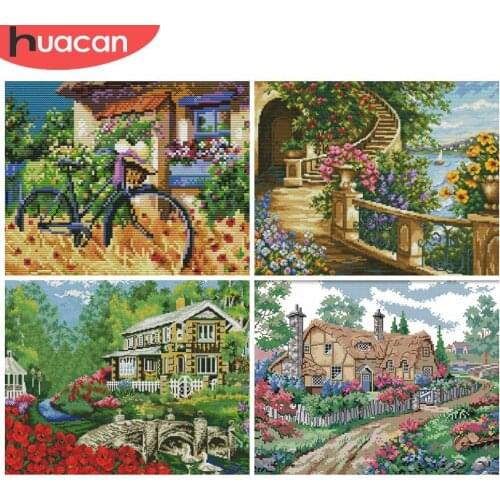 HUACAN Cross Stitch Scenery Kits White Canvas Needlework Embroidery Landscape Sets 11CT 14CT DIY Gift Home Decoration