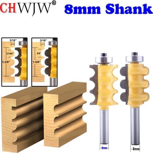 CHWJW 2PC 8mm Shank Triple Bead & Triple Flute Large Molding Router Bits Set Line knife Woodworking cutter