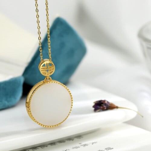 Natural Hetian White Jade round Inlaid 925 Sterling Silver Ancient Style Thick Gold Fashion Gilding Craft All-Match Pendant