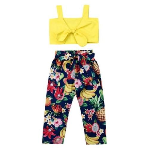New Fashion Toddler Kid Sets Baby Girl Sleeveless Sunsuit Clothes Bow Strap Top Fruit Print Pant Outfits Set
