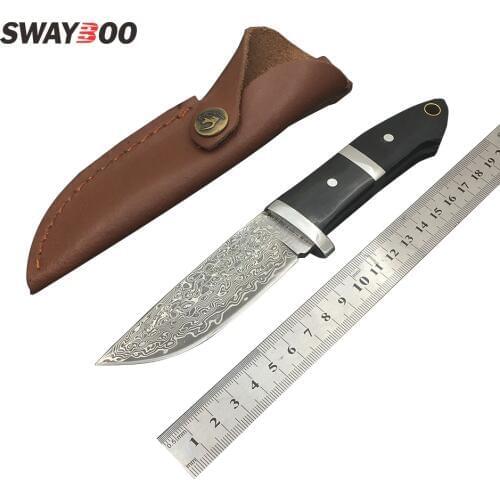 Swayboo damascus camping knives outdoor survival damascus steel hunting knives ox horn handle portabl knife with leather sheath