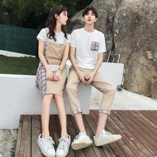 Couples clothing 2021 summer male short sleeve stitching womens T-shirt plaid halter skirt couples clothes Lovers clothes