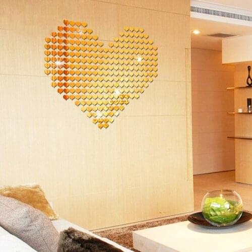 100Pcs 3D Removable Heart Fashion Mirror Sticker Wall Sticker DIY Self Adhesive Home Room Art Background Decor Room Decoration
