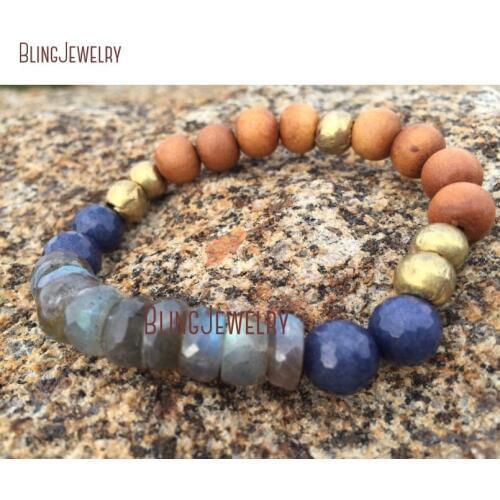 Stunning Blue Grey Faceted Labradorites Vintage Brass Ball Pure Sandalwood Yoga Zen Purple Jades Boho Stack Bracelet BM10805
