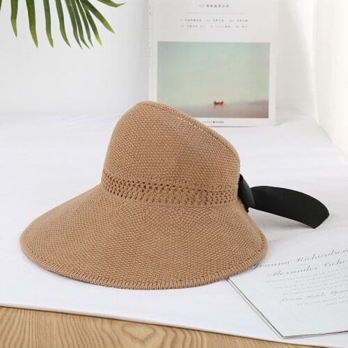 Empty Top Holiday Purecolor Beach Sun Hat Cap Foldable Visor Floppy Hat Straw Hat For Women Girls With Bowknot Strap Adjustable