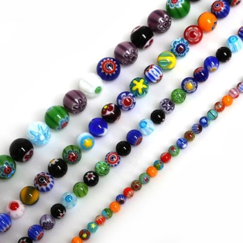39cm/lot Millefiori Flower Lampwork Glass Beads 4 6 8 10mm Round Loose Beads For Jewelry Making DIY Necklace & Bracelet