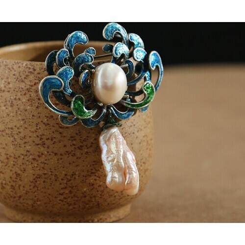 UBESTNICE Handmade Irregular Baroque Drop Pearls Cloisonne Moire Vintage Fine Jewelry Brooches Pendant Dual Purpose For Women