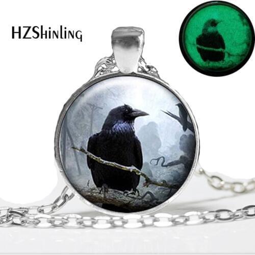 Raven glow in dark Pendant Necklace Spooky Night Lights Black Bird Crow Photo Jewelry Gift Gothic Halloween