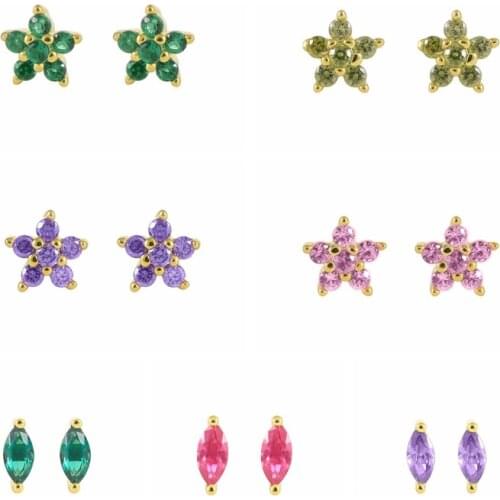 BOAKO 925 Sterling Silver Flower Stud Earrings New Arrival Green Pink Zircon Piercing Earrings for Women 2021 Fine Jewelry Gift