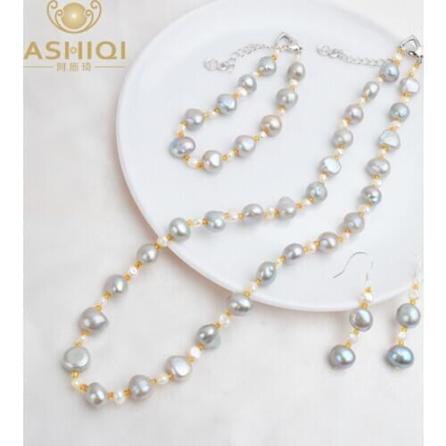 ASHIQI Natural Baroque pearl Jewelry Sets Real Freshwater Pearl Necklace Bracelet 925 Sterling Silver Earrings Women New Arrival