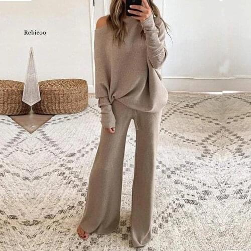 Women Casual Solid Color Elegant Two Piece Sets Winter Elegant O-Neck Pullover Tops and Loose Pants Suits Female Rib Streetwear