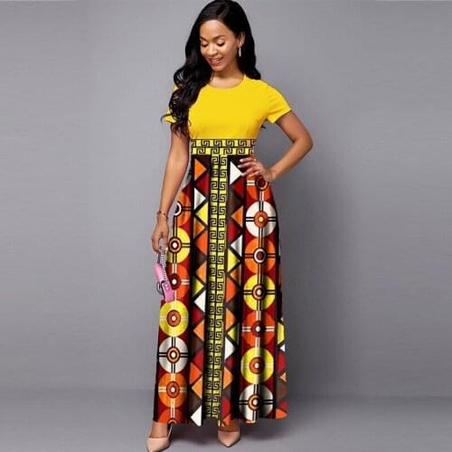 European Style Autumn Women Fashion Casual Print Patchwork Long Party Dress Vintage Short Sleeve A-line Maxi Dress Vestidos