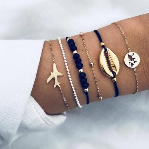5pcs/set Boho Shell Bracelet & Bangle Sets For Women Aircraft Map charm Beads Chains Female Bohemian Jewelry Gift