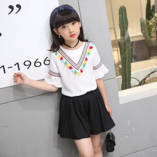 White/Green 4-14age Girl Summer Clothing set Tassel Tops T shirts+Skirts,girls kids fashion beautiful 2pcs suits