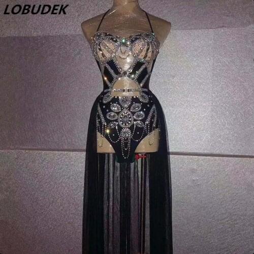 Sparkly Rhinestones Black Hollow Bodysuit Trailing Skirt Dance Outfit Women Singer Stage Costume 2-Piece Set Nightclub Clothes