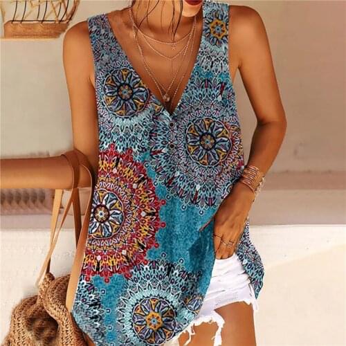 Bohemian Mandala Printed Blouses Women Sleeveless Loose Tunic Blouse V Neck Casual Summer Top Fashion Woman Blouses 2021 Blusas