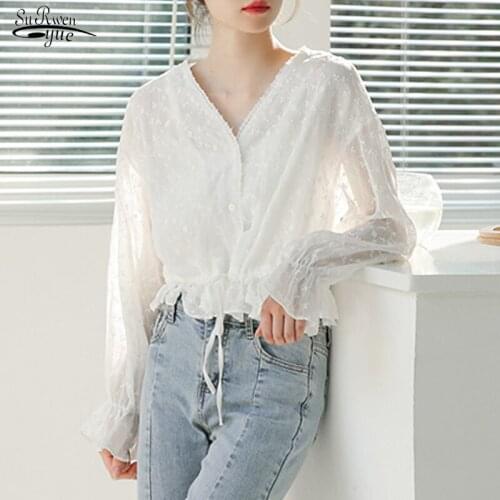 Flowers Long Sleeve White Sunscreen Tops Autumn New V Neck Casual Lace Up Slim Shirts Korean Embroidered Lace Blouse Women 15706