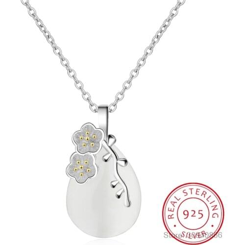 925 Sterling Silver Water-Drop Shaped Love Angle Tear Moonlight Opal Blossom Cherry Flower Pendant Necklace For Women choker