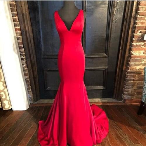 Long Evening Dresses V-neck Mermaid Style Formal Party Dresses Red Black Robe De Soiree Women Formal Party Dresses Sweep Train