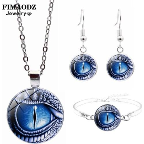 FIMAODZ Punk Dragon Eye Jewelry Sets Animal Eyes Photo Glass Necklace Earrings Bracelet Set for Women Party Gift