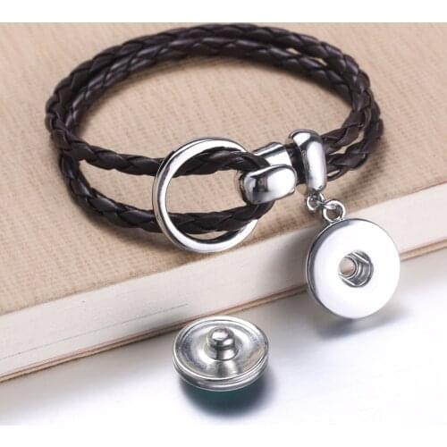 Hot Sale Brown Snap Leather Bracelet Retro Handmade Braided Leather Snap Button Bracelet Bangles fit 18MM Snap Jewelry 5492