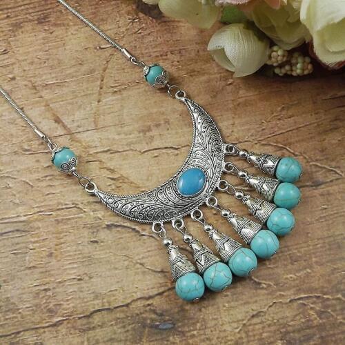 Indian Gypsy Jewelry Bohemian Ethnic Tibetan Sliver Color Chain Necklaces For Women Metal Carved Flower Blue Stone Necklace