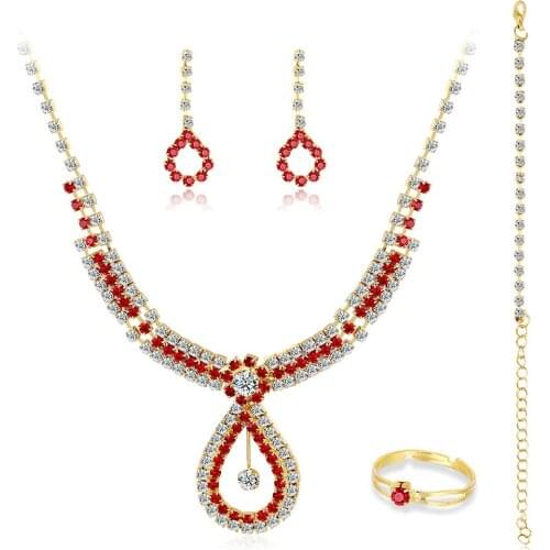 10pcs/lot Noble And Temperament Red Rhinestone Gemstone Necklace Earrings Jewelry Set For Bride Wedding Gift