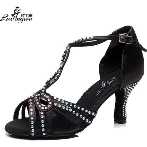 Ladingwu Hot Selling Salsa Latin Dance Shoes Women Satin Ballroom Party Black Womens High Heel Dance Shoes 6/7.5/8.5/10cm