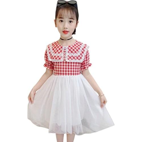Teenage Girls Summer Dress Mesh Girls' Dresses Plaid Pattern Kids Dress Lace Floral Clothes For Girls