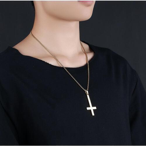 Sale 1pc Stainless Steel Inverted Cross Pendant Necklace Lucifer Satan Punk Jewelry Chain For Men Women Anti-Christian Gift