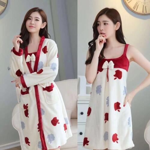 Pajama + Night gown 2pcs/Set Night Wear Leisure Home Cloth woman long Sleeve Flannel warm pyjama Girl Sleepwear Set Night Gown