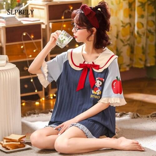 SLPBELY Womens Pajamas Pyjamas Set Summer Sweet Princess Lapel Short Sleeve Women Suits With Shorts Pijamas Homewear Nightwear