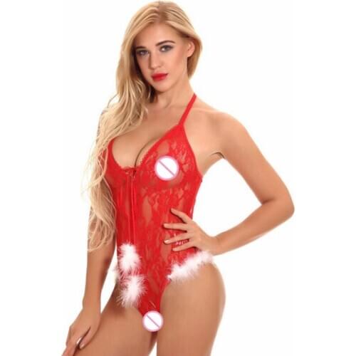 See Through Mesh Fabric Christmas Costume Erotic Underwear Red Lace Bodysuit Sexy Lingerie Women Backless Halter Spandex Catsuit