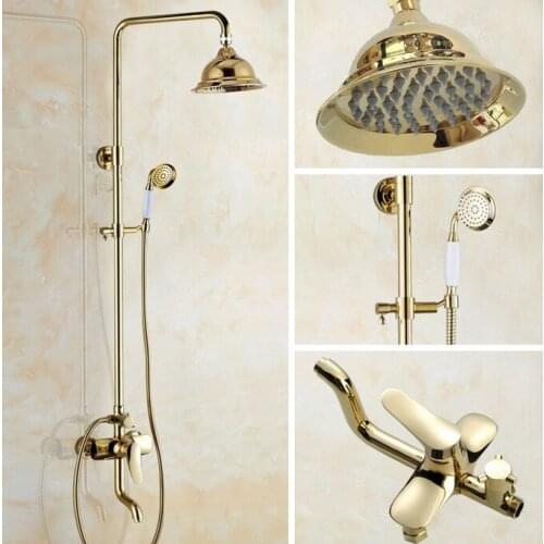 Luxury Gold Color Brass Wall Mounted Rain Bathroom Rainfall Shower Faucet Set with Hand Spray Shower Head Tub Mixer Tap 2gf316