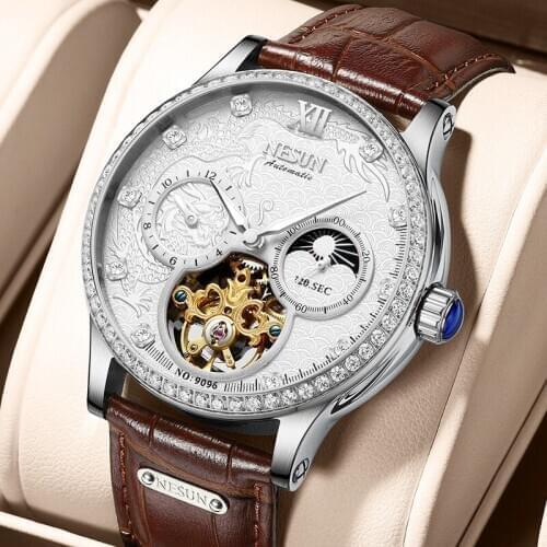 Switzerland NESUN Automatic Mechanical Watch Luxury Brand Mens Watches Skeleton Watch Sapphire 100M Waterproof Moon Phase N9096