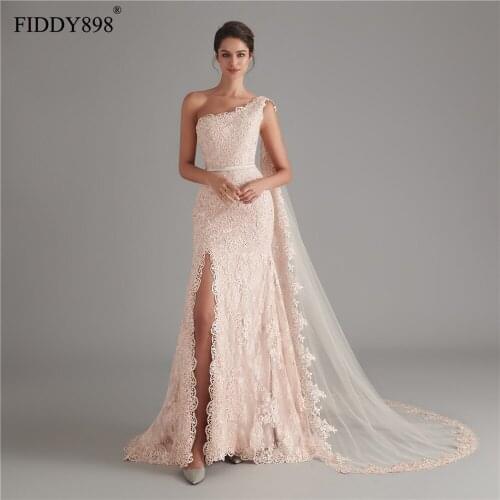 2020 Mermaid Evening Dresses Long Watteau Train One Shoulder Beaded Lace Formal Evening with Slit Party Gown Vestido de Fiesta