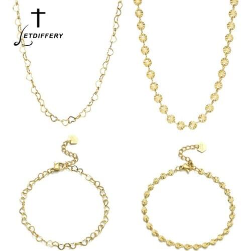 Letdiffery Vintage Heart Jewelry Set For Womwn Gold 7 Styles Stainless Steel Chain Necklace Bracelet Birthday Gifts