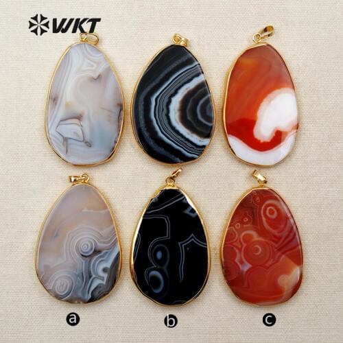 WT-P1259 Wholesale NEW natural a-gate slice pendants gold plating around fashion raw stone egg,oval,round a-gate pendant trinket