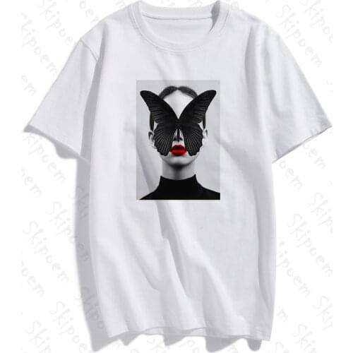 Womens T-shirts 2020 Harajuku Feather Butterfly Top Female T-shirt Modernist Sexy Lady Clothes O-Neck Casual Ladies Tops Shirts